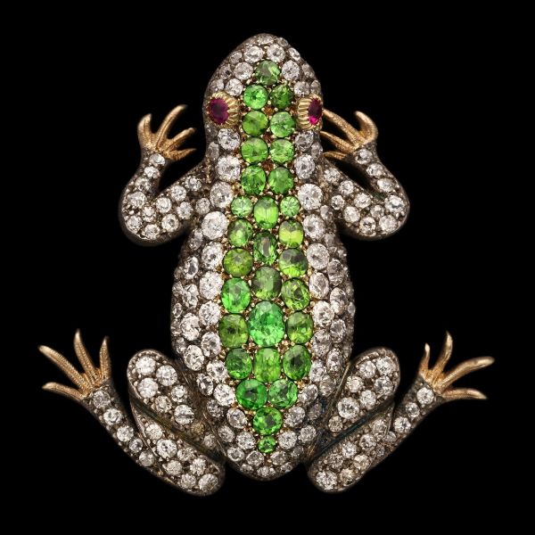 A Fabulous Antique Diamond and Demantoid Garnet Frog Brooch/ Pendant