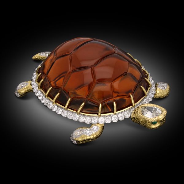 Carved Citrine & Diamond 'Harriet' Tortoise Brooch in 18ct Yellow Gold