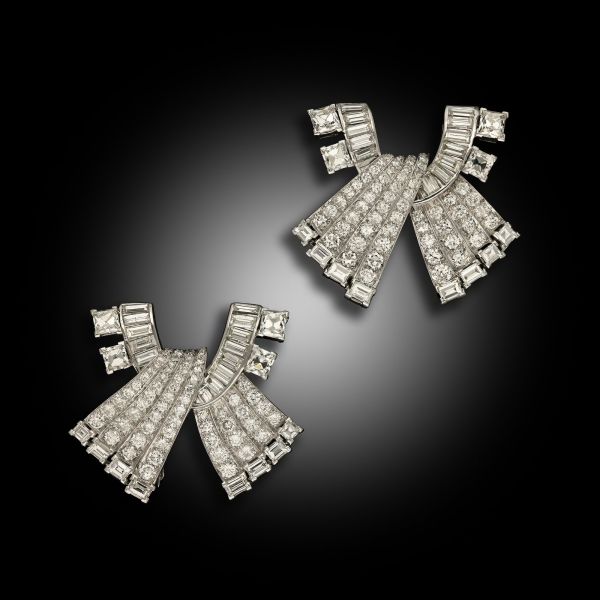 A Pair of Art Deco Geometric Diamond Clip Brooches