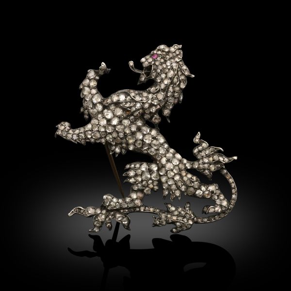 Antique Heraldic Lion Diamond Brooch