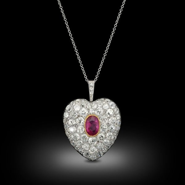 Antique Burmese Ruby & Diamond Heart Pendant/Brooch