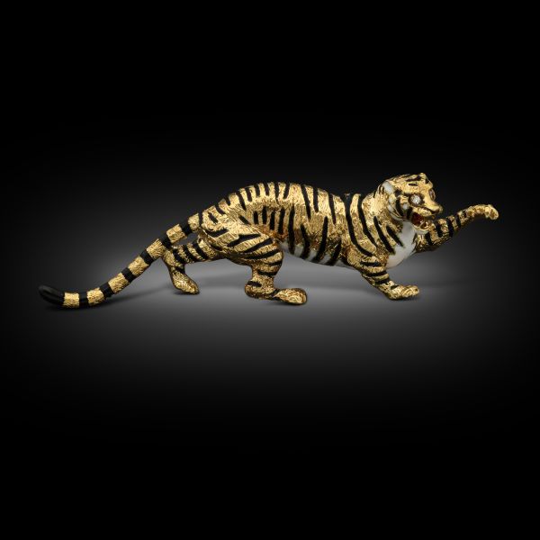 Vintage Enamel & Diamond Tiger Brooch In 18ct Yellow Gold