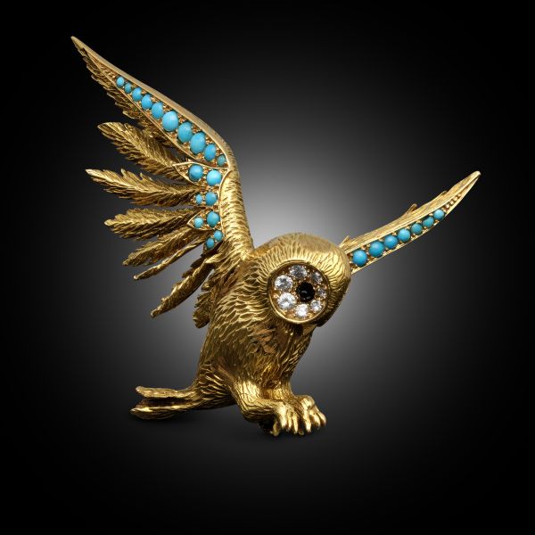 Vintage Diamond, Turquoise & Sapphire Owl Brooch In 18ct Yellow Gold