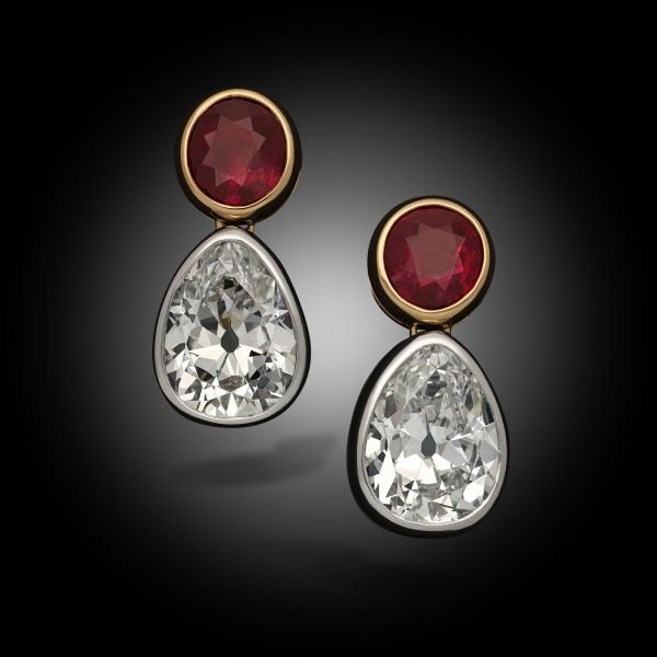 3.84ct Pear Cut Diamond and Burmese Ruby Drop Earrings