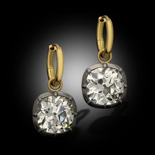 13.24ct Old Mine Cushion Cut Diamond Georgian-Style Drop Earrings