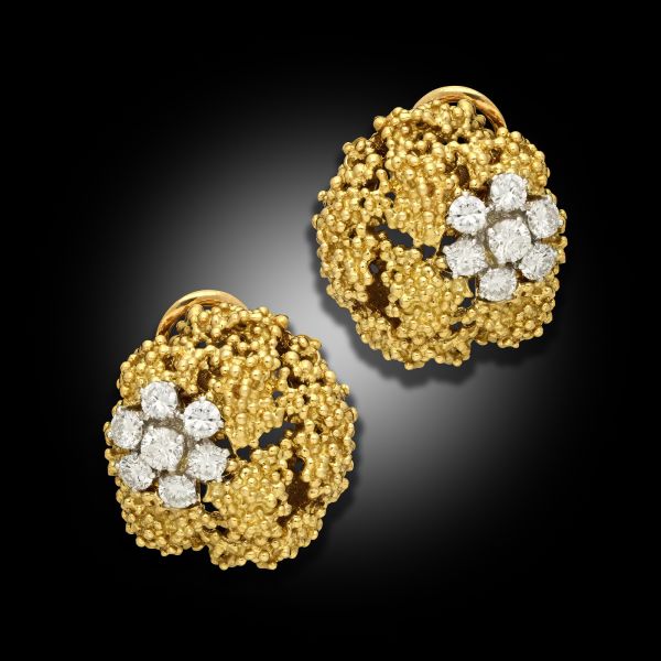 Vintage Granulation 18ct Yellow Gold and Diamond Clip Earrings