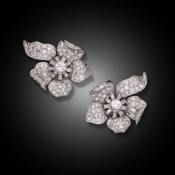 Vintage Diamond Flower Earrings in Platinum