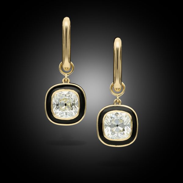 2.06ct Old Mine Cut Diamond & Black Ceramic Drop Earrings