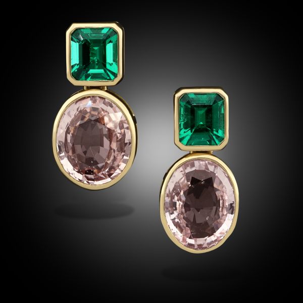 4.83ct Padparadscha Sapphire & 1.11ct Colombian Emerald Drop Earrings