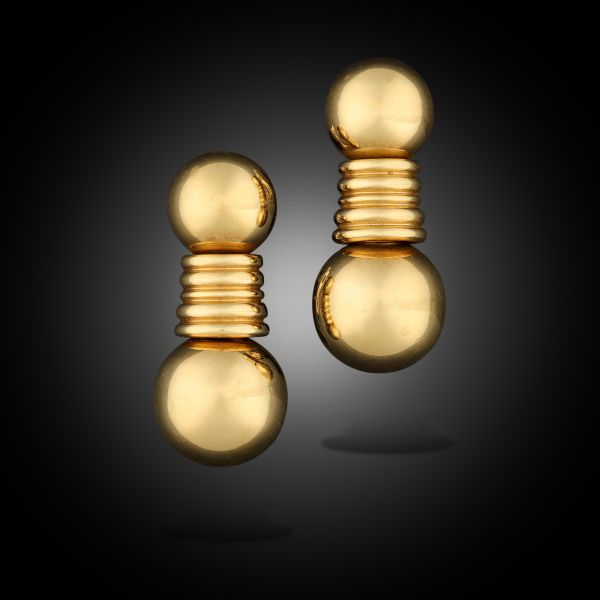 Vintage Double Sphere Drop Earrings In 18ct Yellow Gold