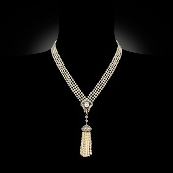 Art Deco Natural Pearl & Diamond Necklace