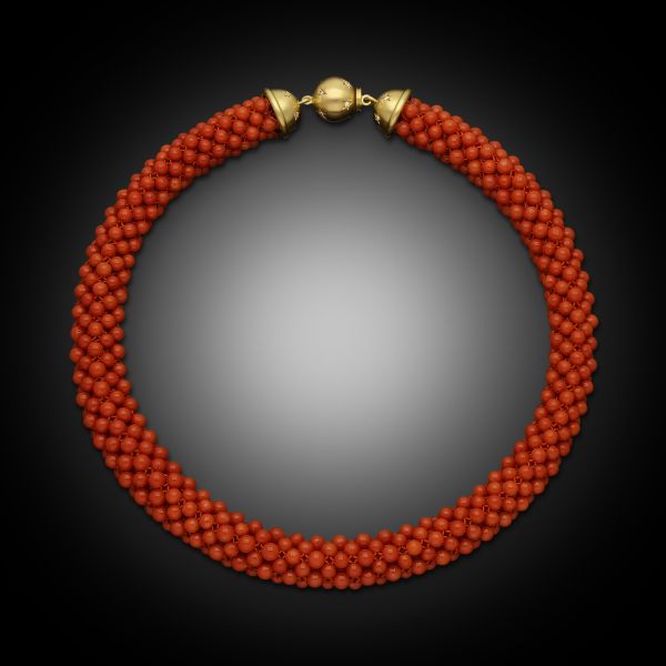 Coral, Diamond & 18ct Yellow Gold Woven Bead Necklace