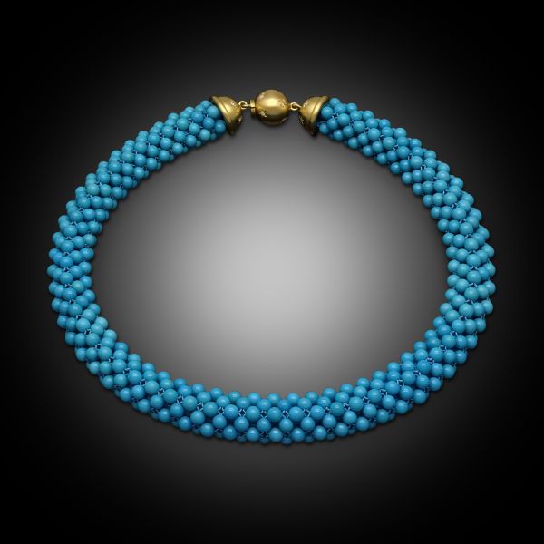 Turquoise, Diamond & 18ct Yellow Gold Woven Bead Necklace