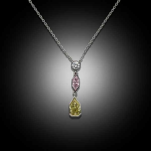 Fancy Colour Blue, Pink & Yellow Diamond Pendant In Platinum