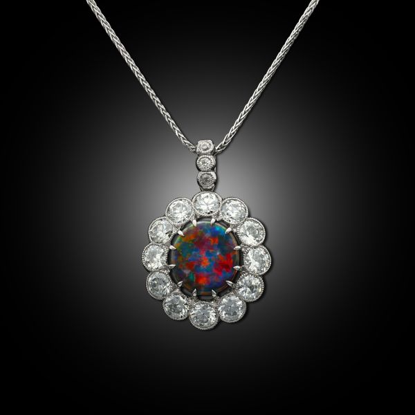 1.68ct Australian Black Opal & Diamond Cluster Pendant in Platinum