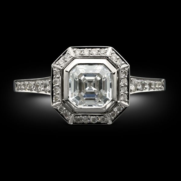 0.91ct Asscher Cut Diamond & Platinum Halo Ring
