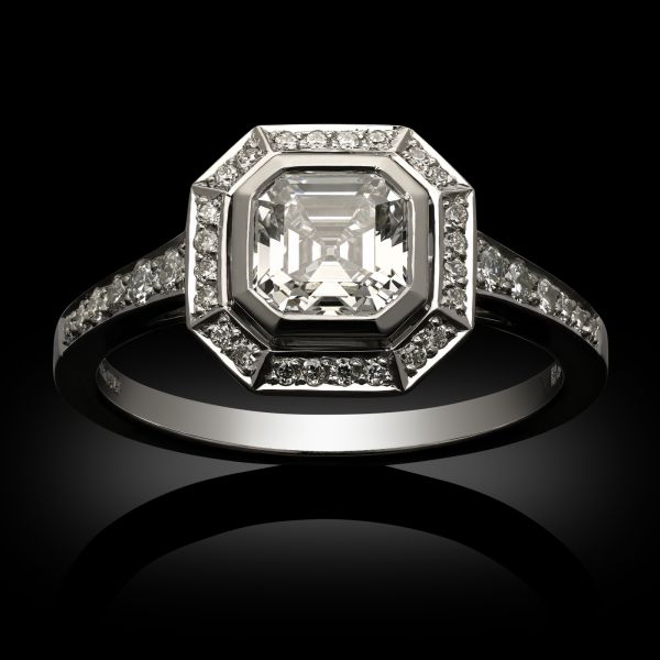 0.91ct Asscher Cut Diamond & Platinum Halo Ring
