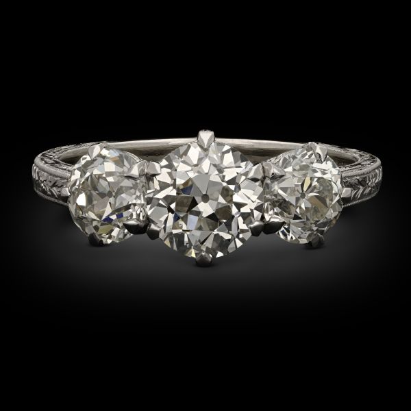 2.62ct Hand Engraved 3 Stone Diamond & Platinum Ring