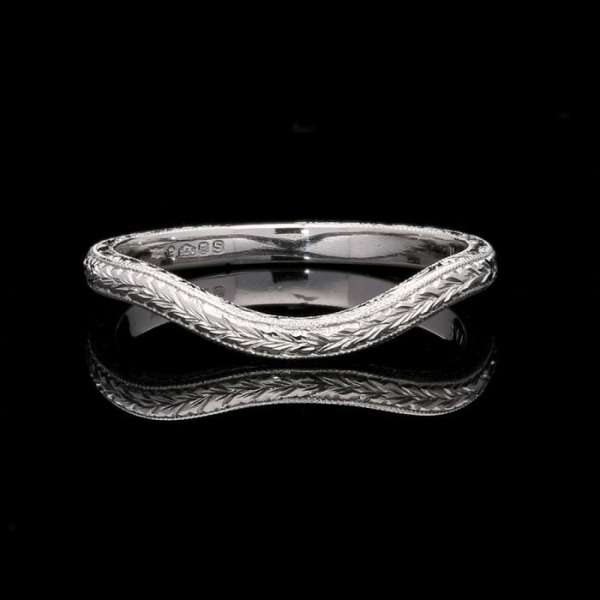 Curved Wedding Ring in Hand Engraved Platinum