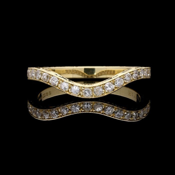 Diamond and Hand Engraved Curved Ring in 18ct Yellow Gold