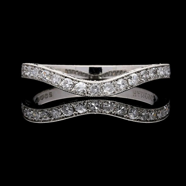 Curved Diamond & Engraved Platinum Wedding Ring