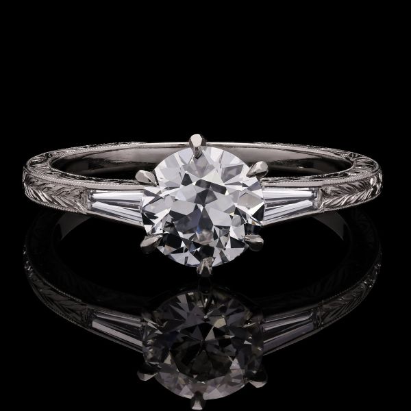1.01ct Old European Brilliant Cut Diamond Ring with Baguette Diamond Shoulders