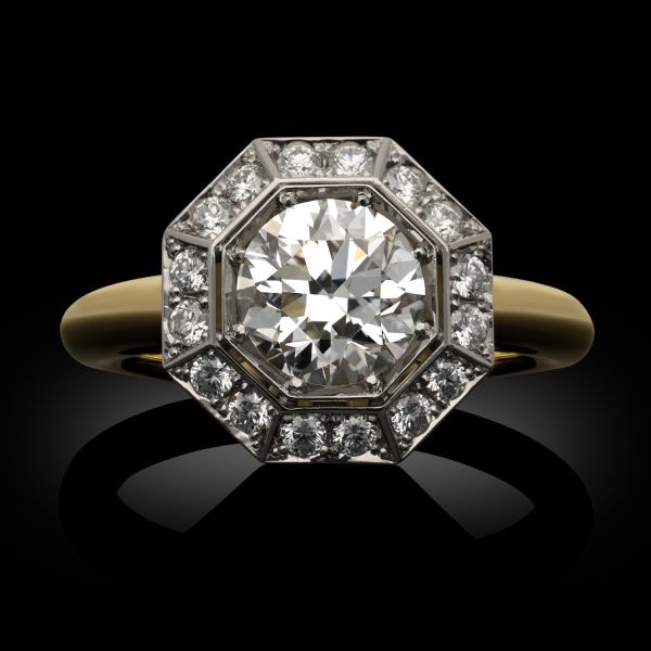 1.29ct Old European Cut Diamond with Geometric Diamond Halo Ring