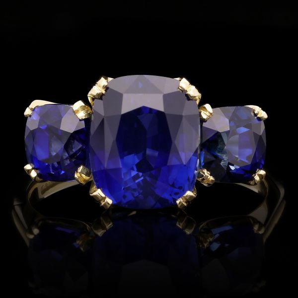 Three Stone Cushion Cut Sapphire Ring in 18ct Yellow Gold