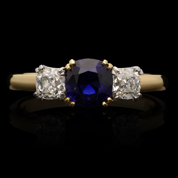 1.22ct Cushion Unheated Ceylon Sapphire and Old Mine Diamond Three Stone Ring