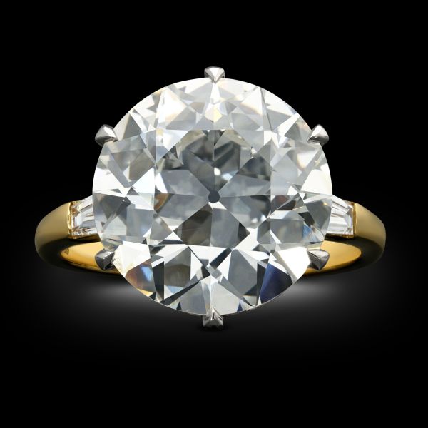 7.09ct Old European Brilliant Cut Diamond Ring with Tapered Baguette Shoulders