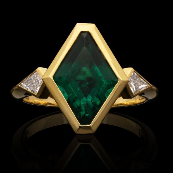 2.74ct Lozenge Shaped Emerald Ring with Kite Shaped Diamond Shoulders