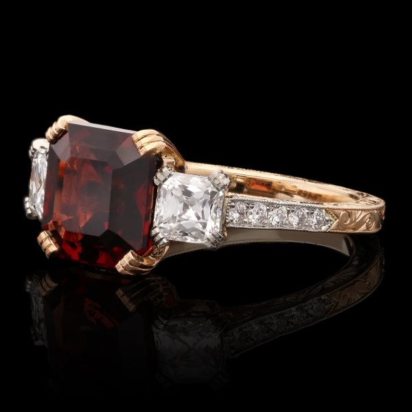 4.09ct Asscher Cut Burmese Spinel and Diamond Three Stone Ring