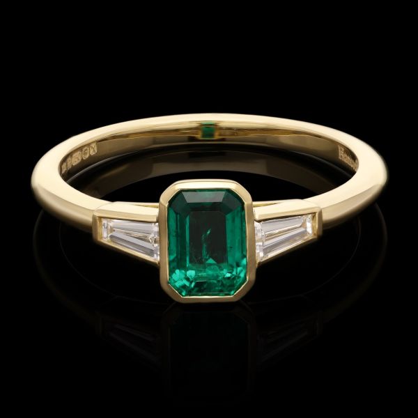 0.68ct Colombian Emerald Ring with Tapered Baguette Diamond Shoulders