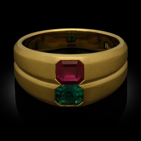 22ct Gold Double Gypsy Ring Set With A Burma Ruby and Colombian Emerald