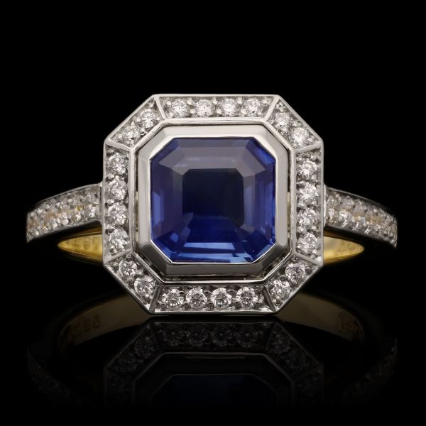 1.59ct Octagonal Sapphire and Geometric Diamond Halo Ring