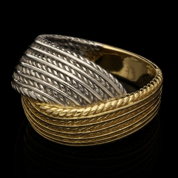 Two Tone Yellow and White Gold Textured Cross Over Dress Ring