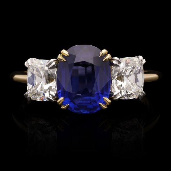 2.48ct Burmese Sapphire and Old Mine Cushion Cut Diamond Three Stone Ring