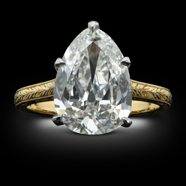 3.73ct Antique Pear Shaped Diamond and Engraved Gold Solitaire Ring