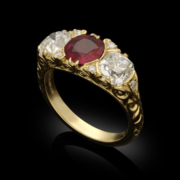 1.16ct Burmese Ruby and Old Mine Brilliant Cut Diamond Three Stone Ring