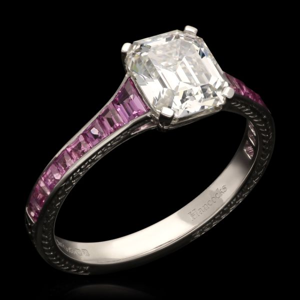 1.54ct Emerald Cut Diamond Ring with Pink Sapphire Shoulders