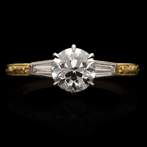 1.02ct Old European Cut Diamond Ring with Baguette Diamond Shoulders