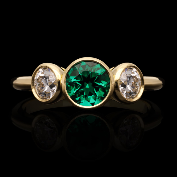 Round Colombian Emerald and Old European Brilliant Cut Diamond Ring