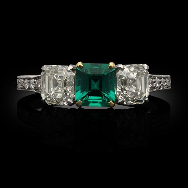 Colombian Emerald and Asscher Cut Diamond Three Stone Ring