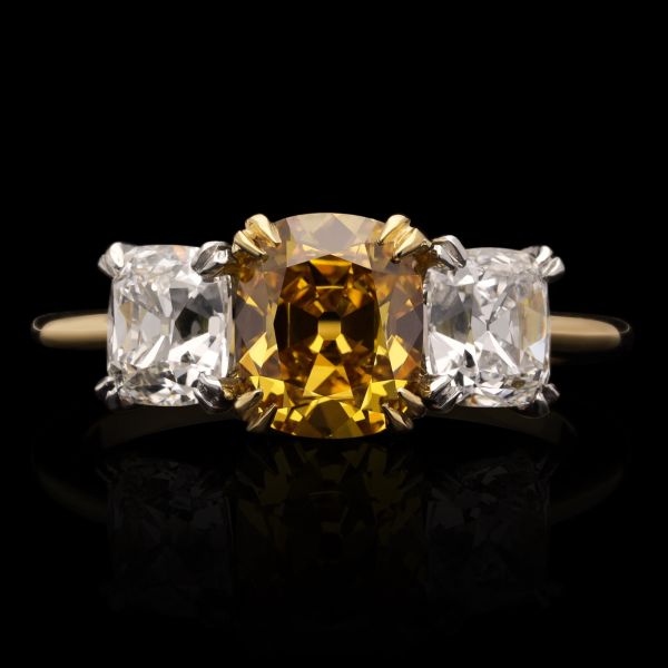 A 2.83ct Fancy Colour Old Mine Cushion Cut Diamond Three Stone Ring in 18ct Yellow Gold
