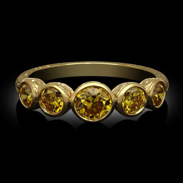 Five Stone Vivid Orangey Yellow Old European Cut Diamond Ring