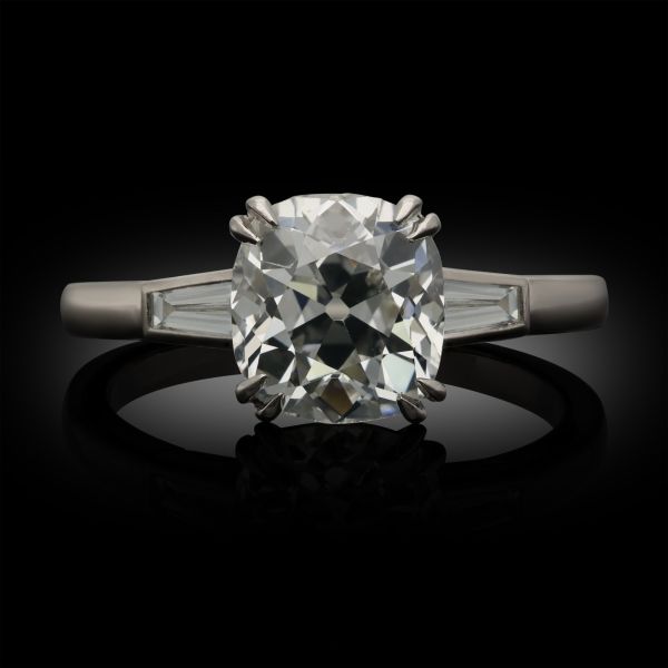 1.96ct Old Mine Cushion Cut Diamond Ring with Tapered Baguette Shoulders