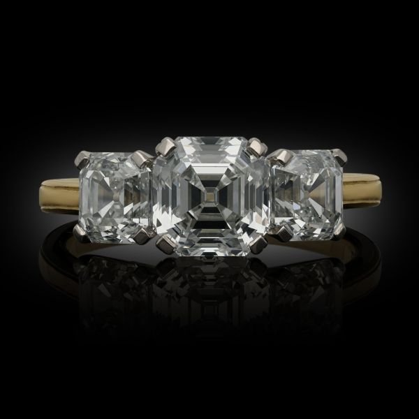 3.12ct Asscher Cut Diamond Three Stone Ring in Platinum and 18ct Gold