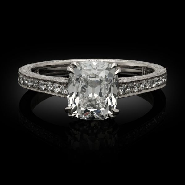 1.74ct Old Mine Cushion Cut Diamond Ring with Diamond Set Band