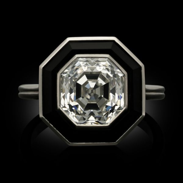 3.40ct Antique Asscher Cut Diamond & Onyx Ring