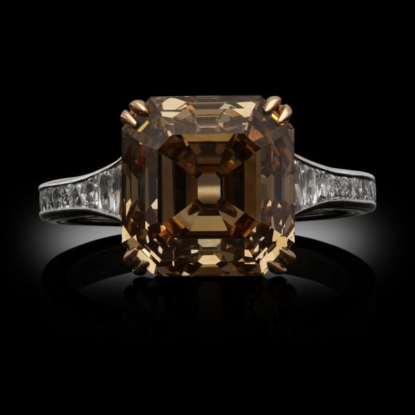6.39ct Fancy Yellow-Brown Asscher Cut Diamond Ring with French Cut Diamond Shoulders